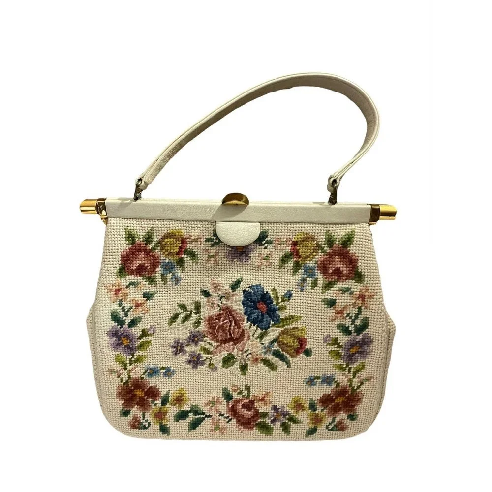 Medium Size Floral Petit Point Women Handbag - Picture 1 of 16